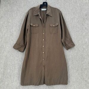 Victoria Brown Linen Blend Button Down Shirt Dress Size 44 3/4 Sleeve Midi LARGE